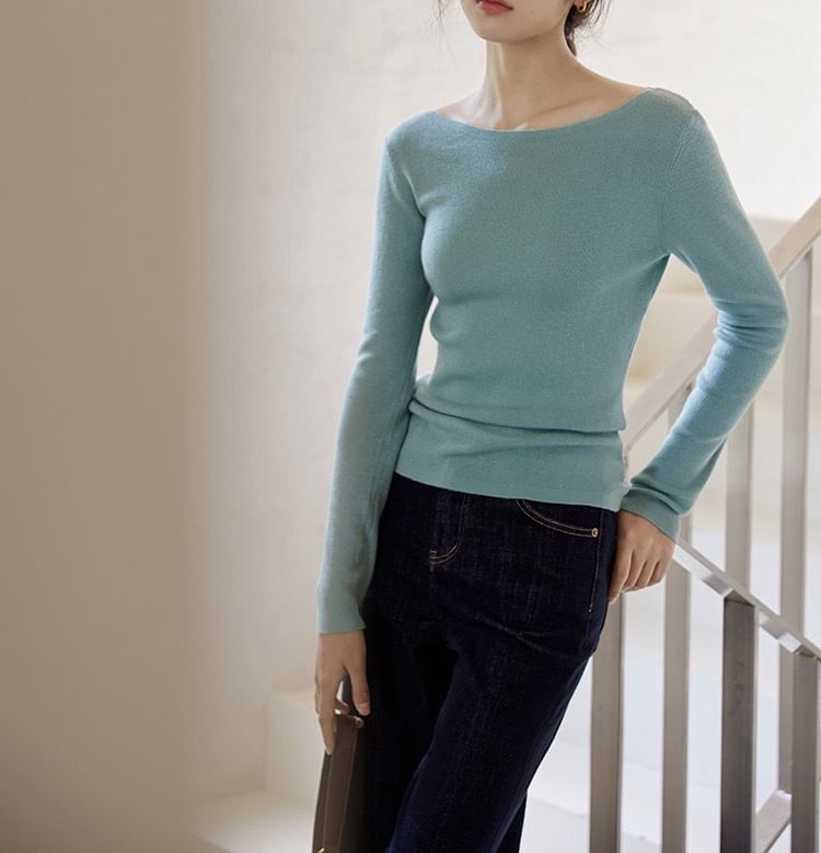 Long Sleeve Boat Neck Plain Knit Top