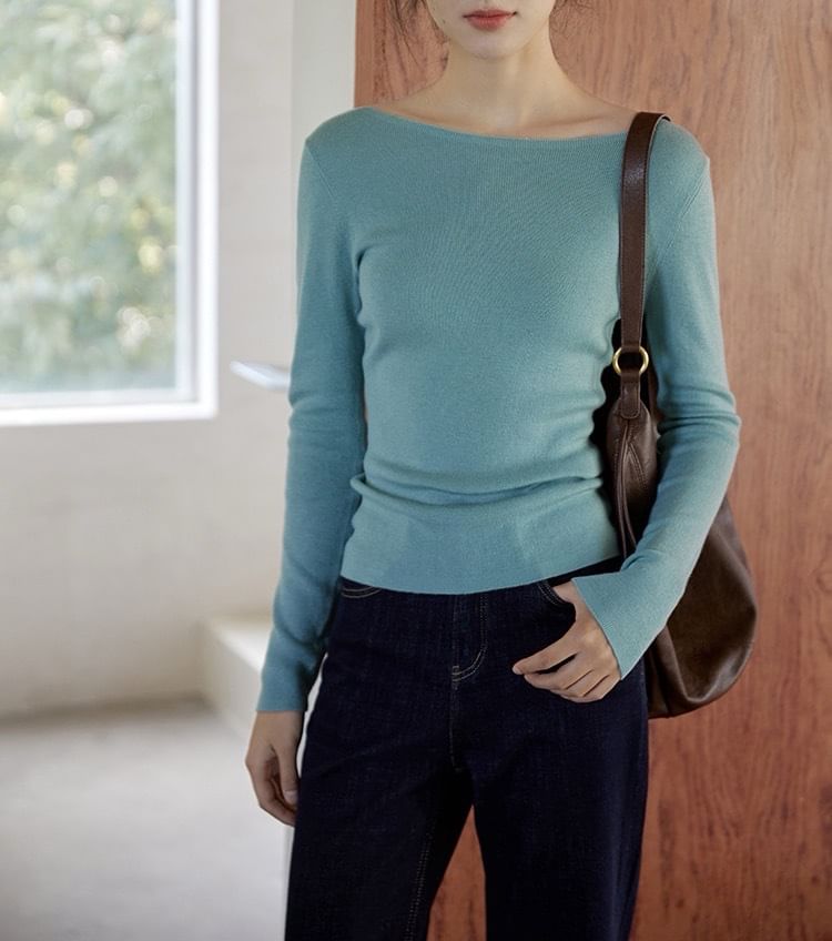 Long Sleeve Boat Neck Plain Knit Top