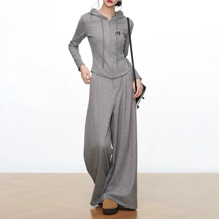 V-Neck Lettering Embroidered Button Jacket / Zip Hoodie / Elastic Waist Plain Wide Leg Pants