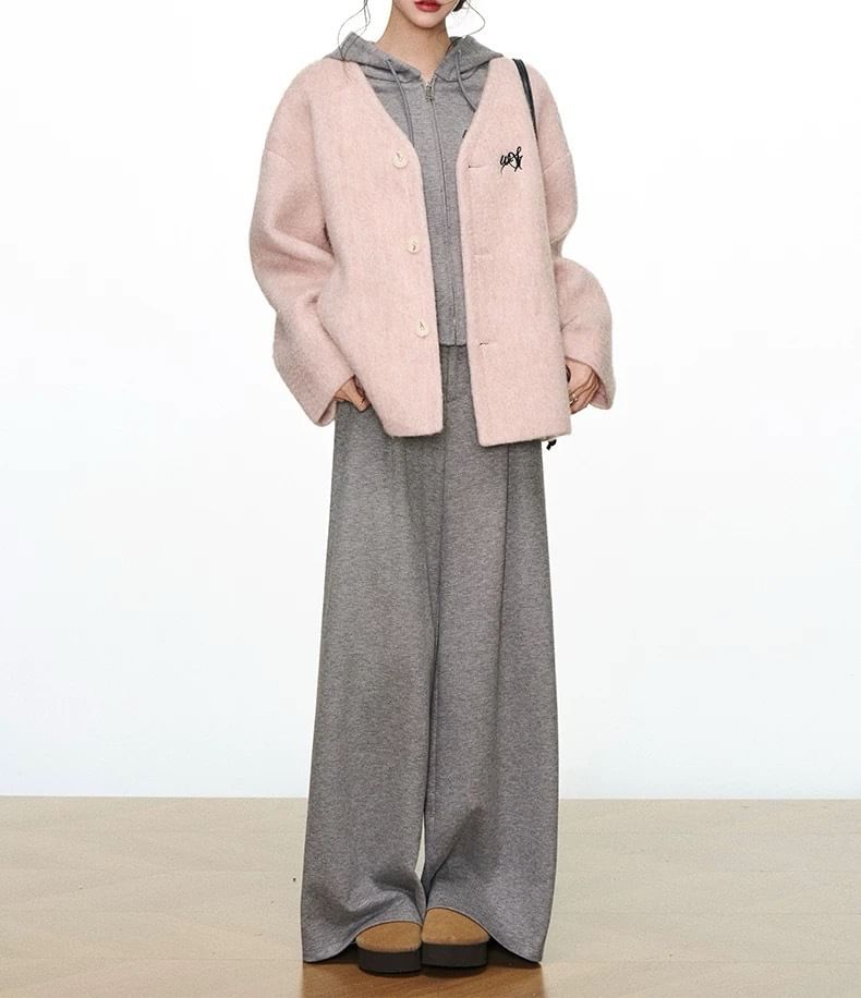 V-Neck Lettering Embroidered Button Jacket / Zip Hoodie / Elastic Waist Plain Wide Leg Pants