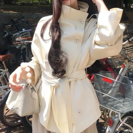 Stand Collar Plain Double Breasted Trench Jacket