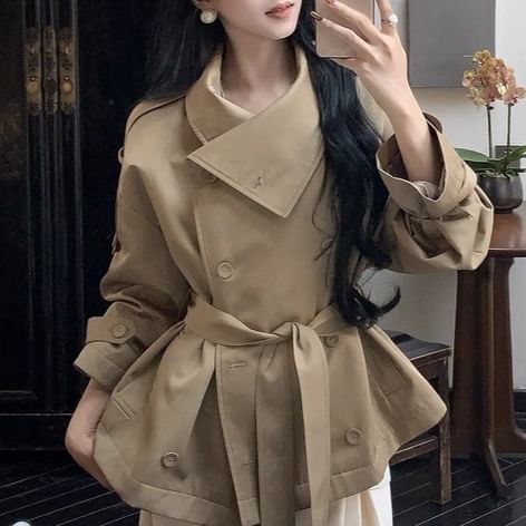 Stand Collar Plain Double Breasted Trench Jacket