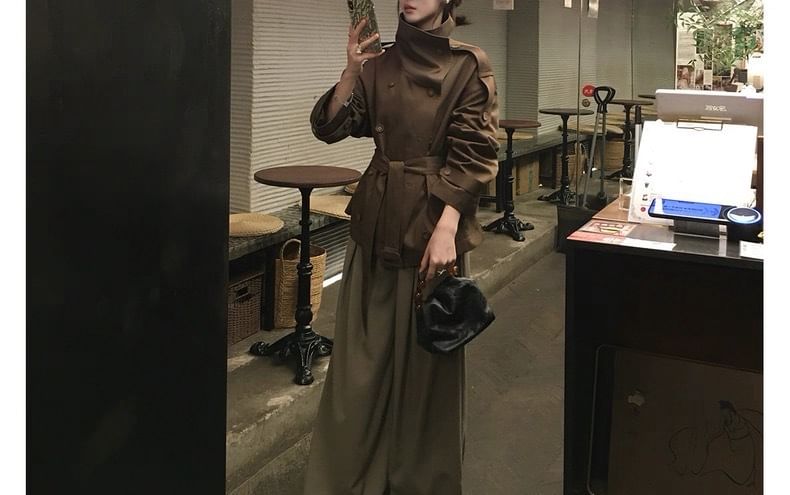 Stand Collar Plain Double Breasted Trench Jacket