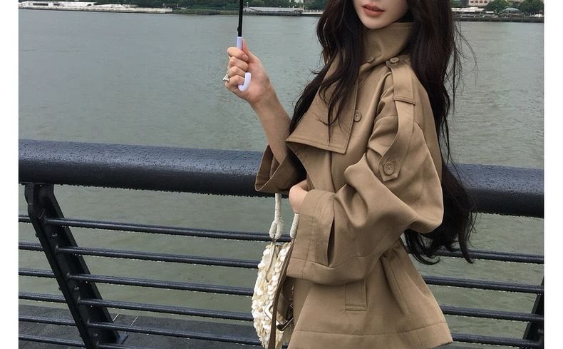 Stand Collar Plain Double Breasted Trench Jacket