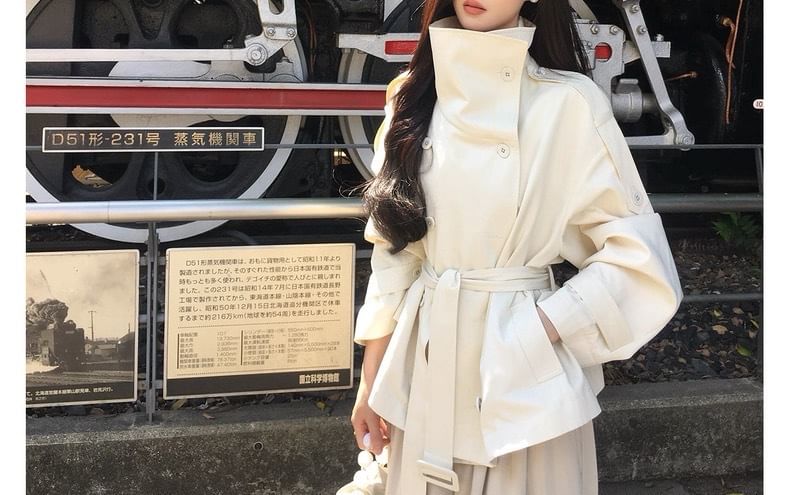 Stand Collar Plain Double Breasted Trench Jacket