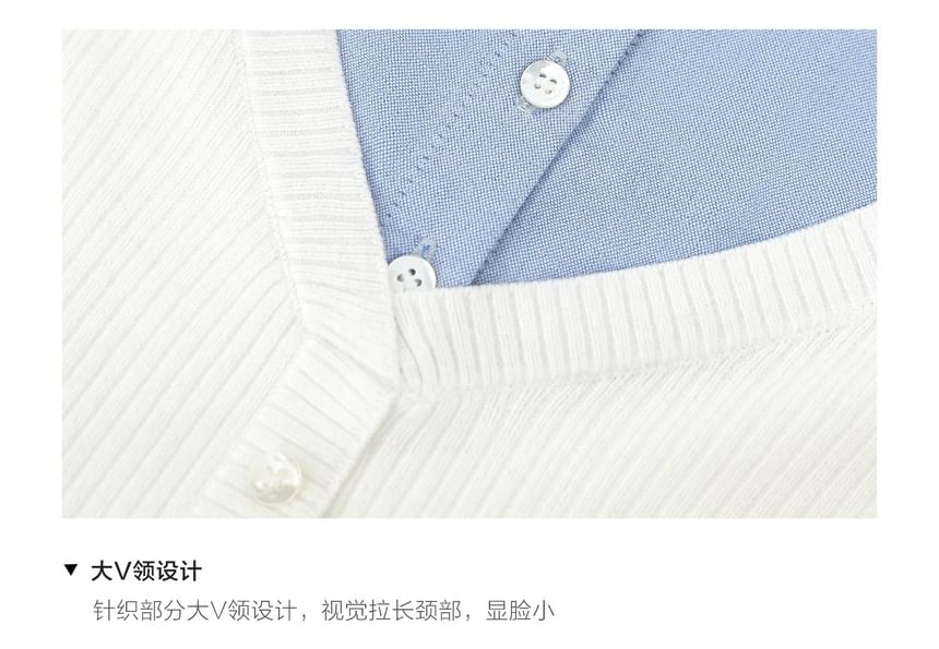 Long Sleeve Collared Mock Two Piece Button Ribbed Knit Top