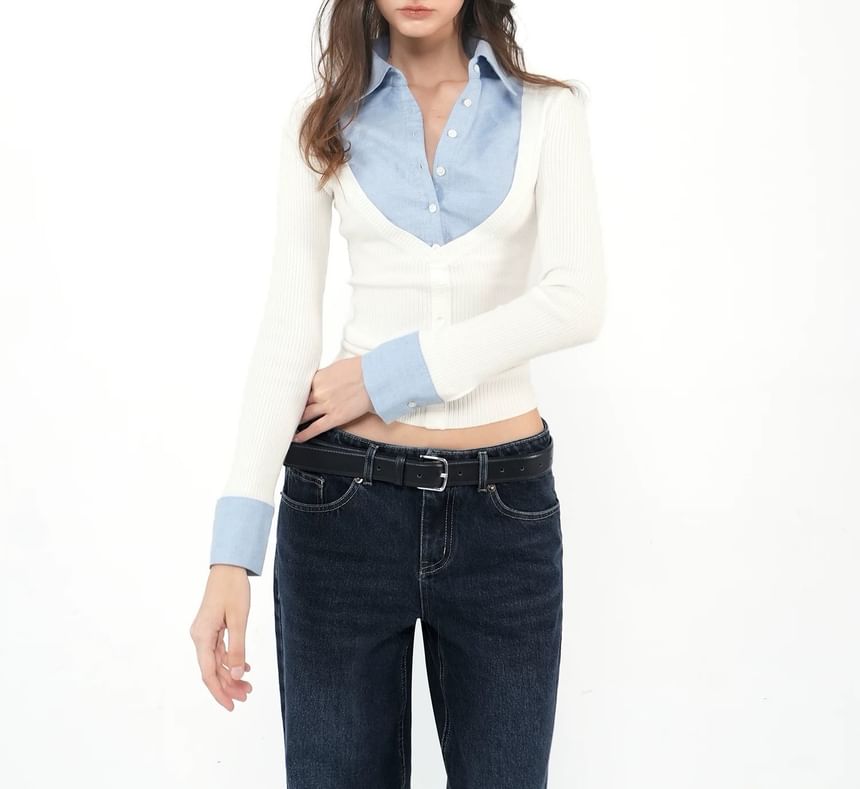 Long Sleeve Collared Mock Two Piece Button Ribbed Knit Top