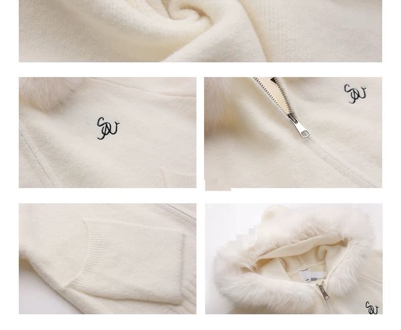 Lettering Embroidered Fluffy Trim Hood Zip Cardigan