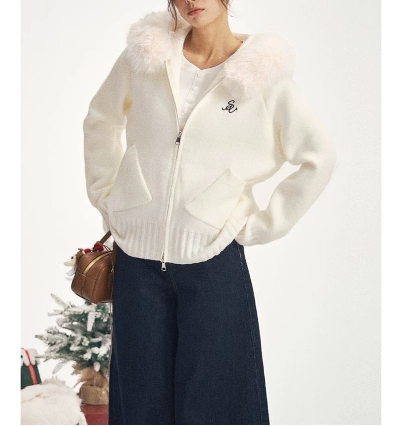 Lettering Embroidered Fluffy Trim Hood Zip Cardigan