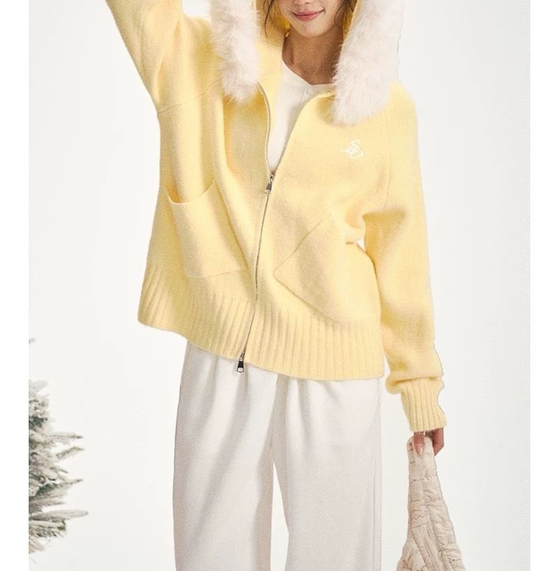 Lettering Embroidered Fluffy Trim Hood Zip Cardigan