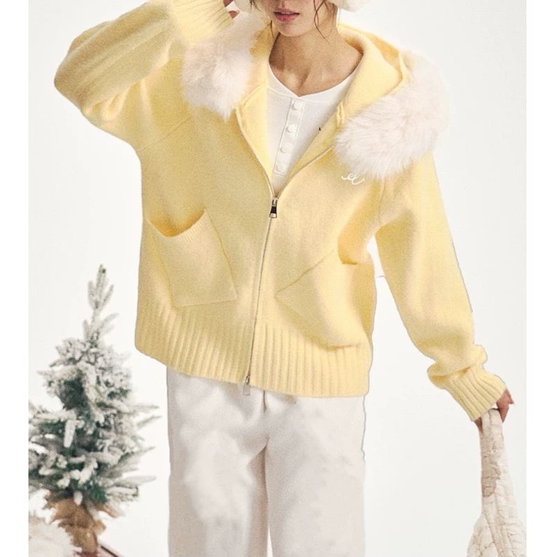 Lettering Embroidered Fluffy Trim Hood Zip Cardigan