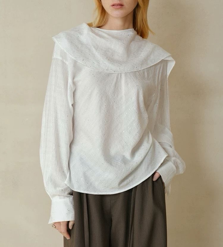 Long Sleeve Scarf Neck Plain Glitter Blouse / High Rise Plain Pleated Wide Leg Pants