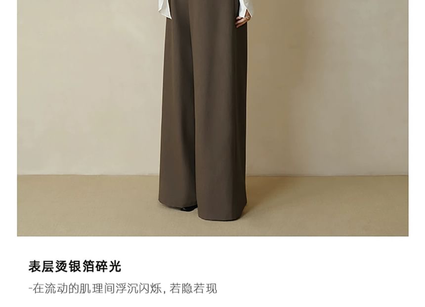 Long Sleeve Scarf Neck Plain Glitter Blouse / High Rise Plain Pleated Wide Leg Pants
