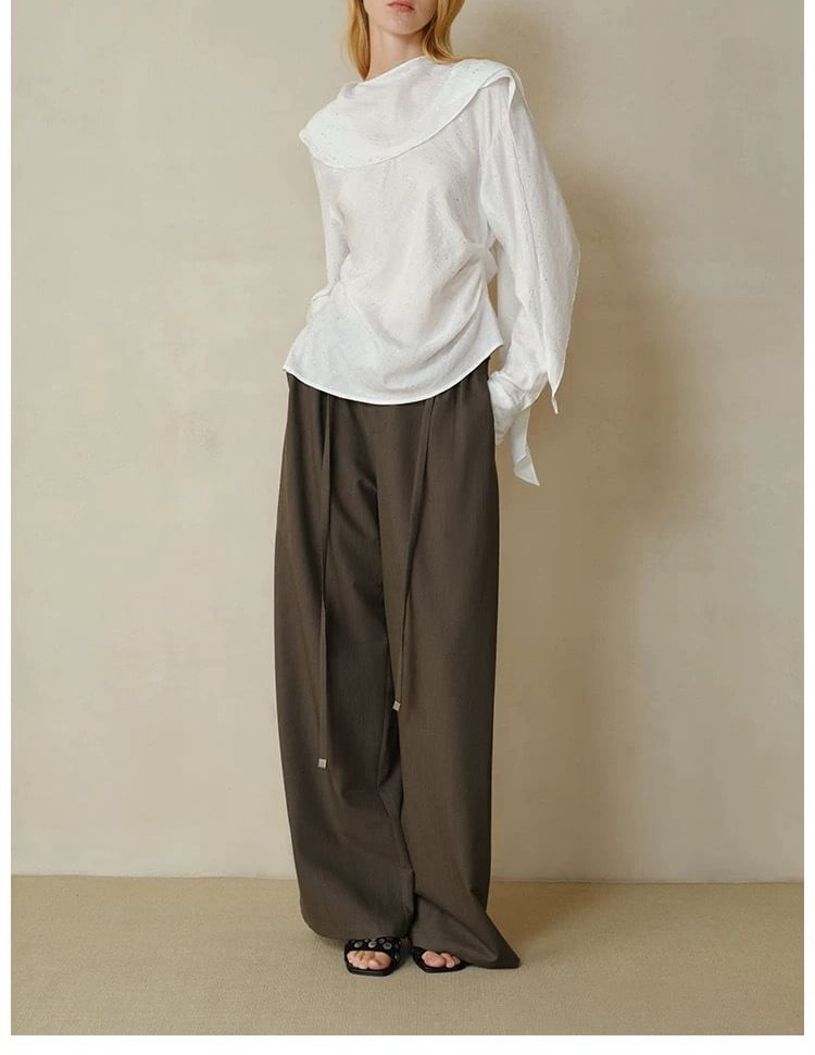 Long Sleeve Scarf Neck Plain Glitter Blouse / High Rise Plain Pleated Wide Leg Pants