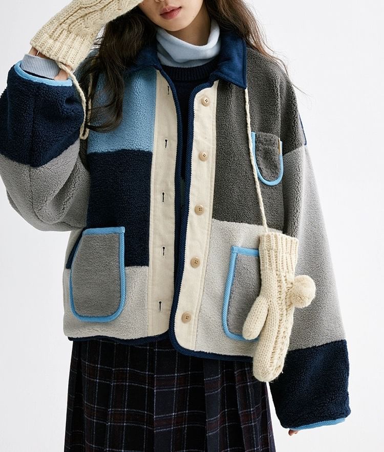 Collared Color Block Corduroy Panel Fleece Button Jacket