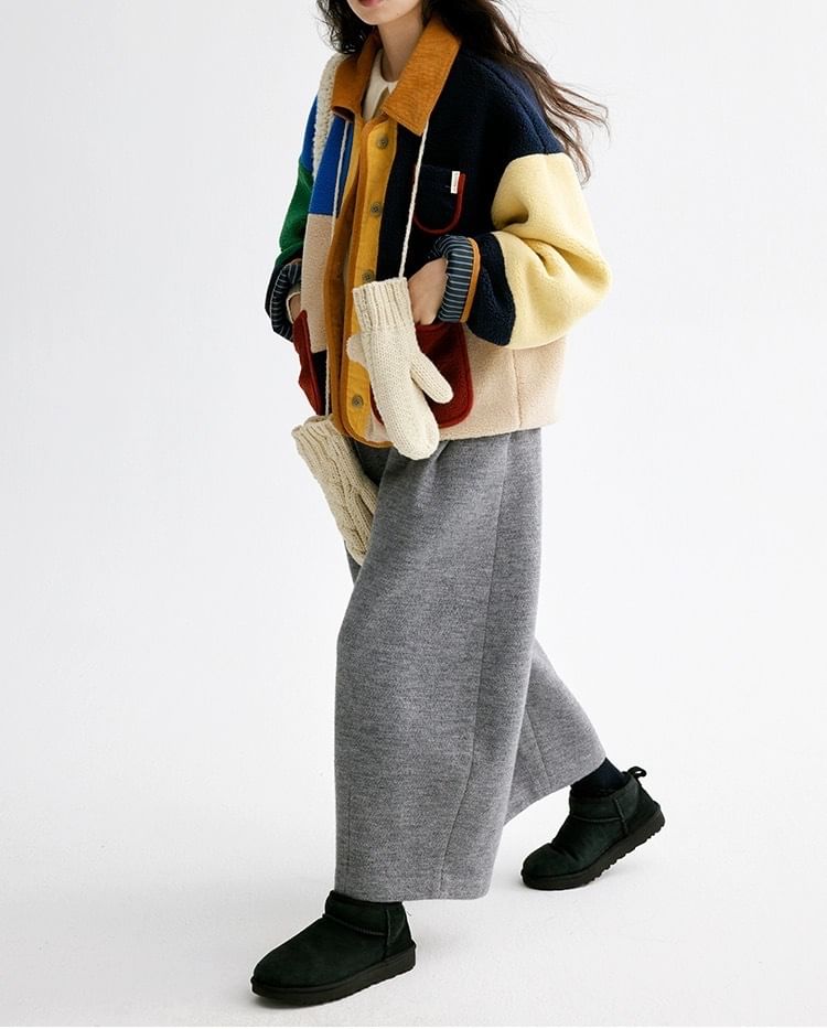 Collared Color Block Corduroy Panel Fleece Button Jacket