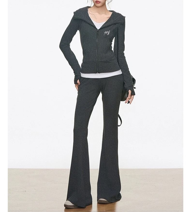Lettering Embroidered Zip Hoodie / High Waist Plain Flared Pants / Long Sleeve V-Neck Embroidered Tee