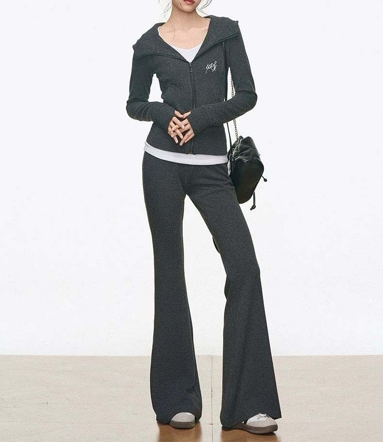 Lettering Embroidered Zip Hoodie / High Waist Plain Flared Pants / Long Sleeve V-Neck Embroidered Tee