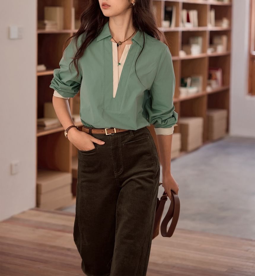 Long Sleeve Collared Two Tone Panel Shirt