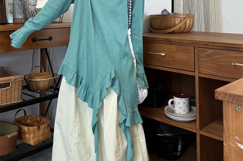 Asymmetrical Frill Trim Solid T-Shirt with Long Sleeves