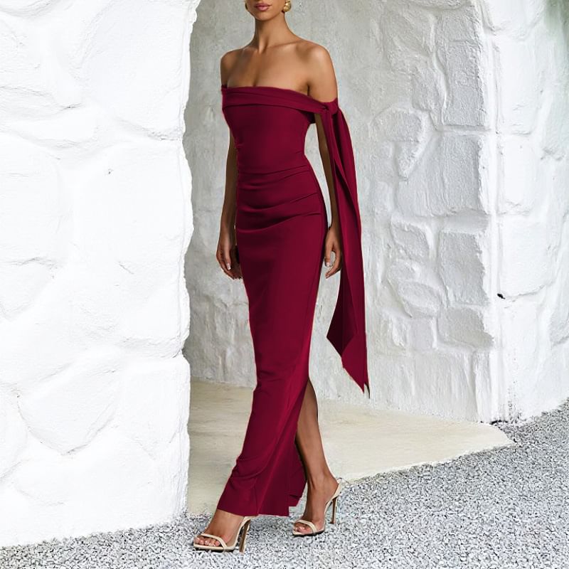 Sleeveless Off-Shoulder Plain Slit Maxi Sheath Dress