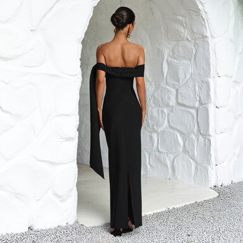 Sleeveless Off-Shoulder Plain Slit Maxi Sheath Dress