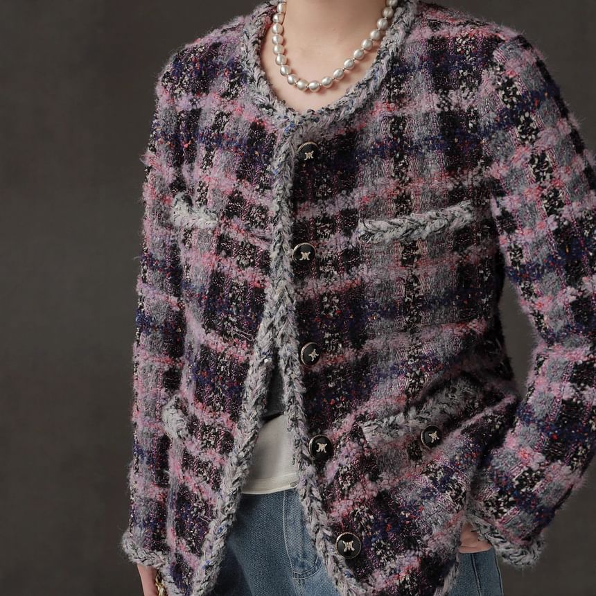 Plaid Tweed Button-Up Jacket