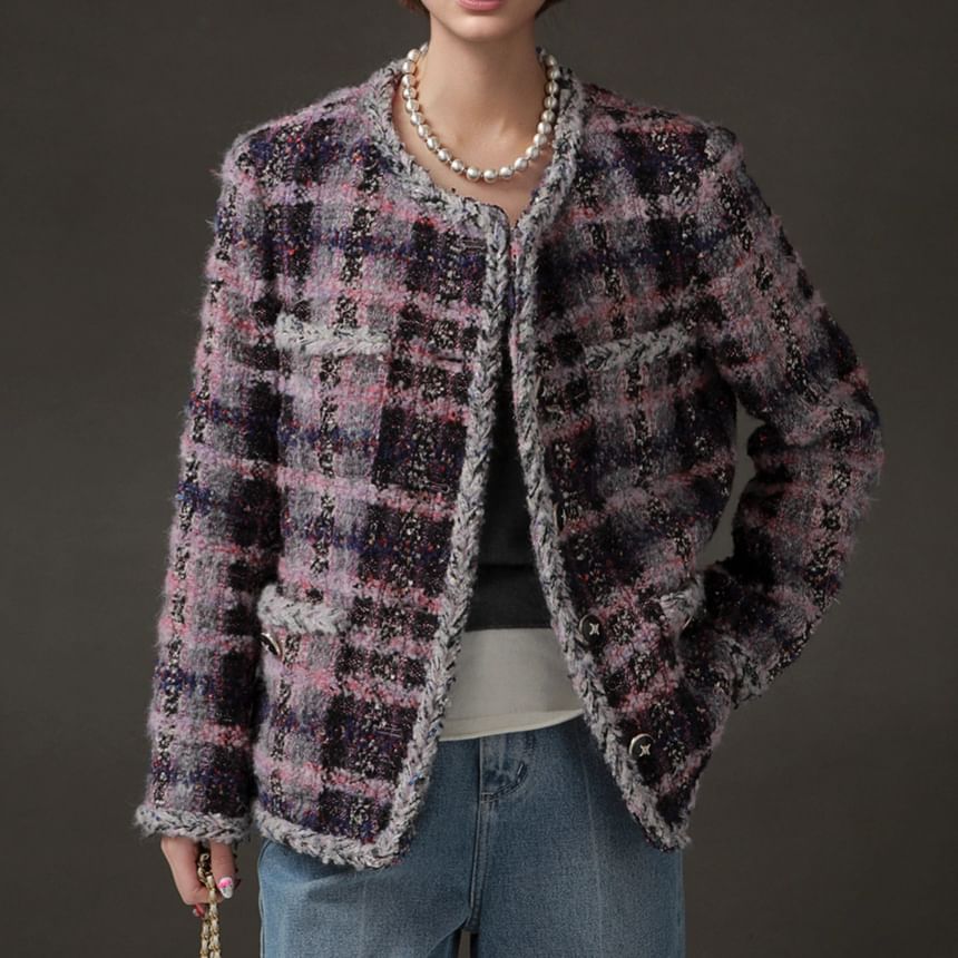 Plaid Tweed Button-Up Jacket