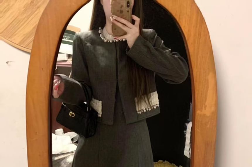 Open Front Tweed Jacket / Sleeveless A-Line Dress / Set