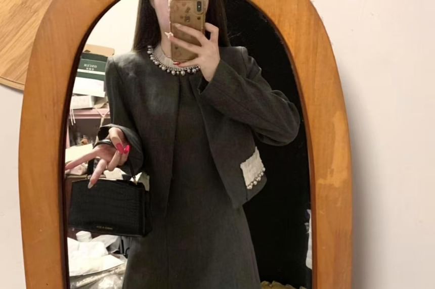 Open Front Tweed Jacket / Sleeveless A-Line Dress / Set