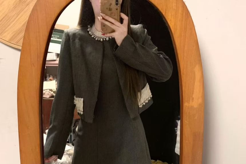 Open Front Tweed Jacket / Sleeveless A-Line Dress / Set