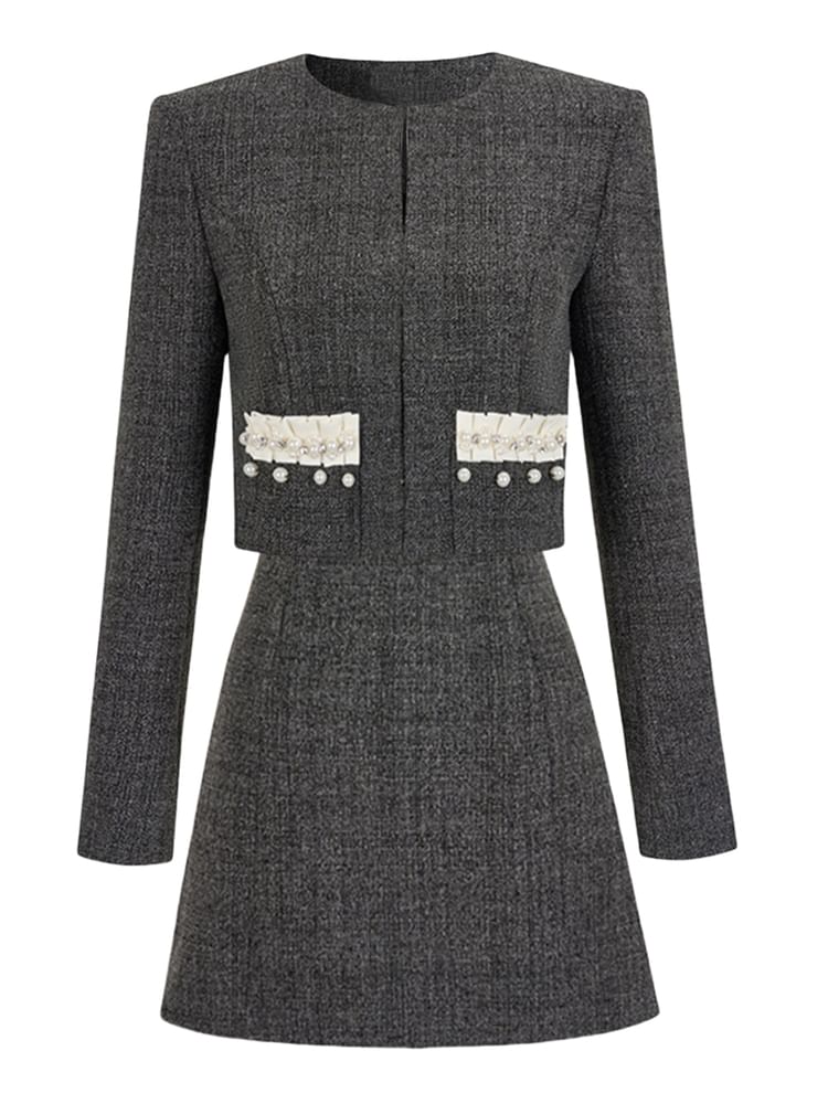 Open Front Tweed Jacket / Sleeveless A-Line Dress / Set