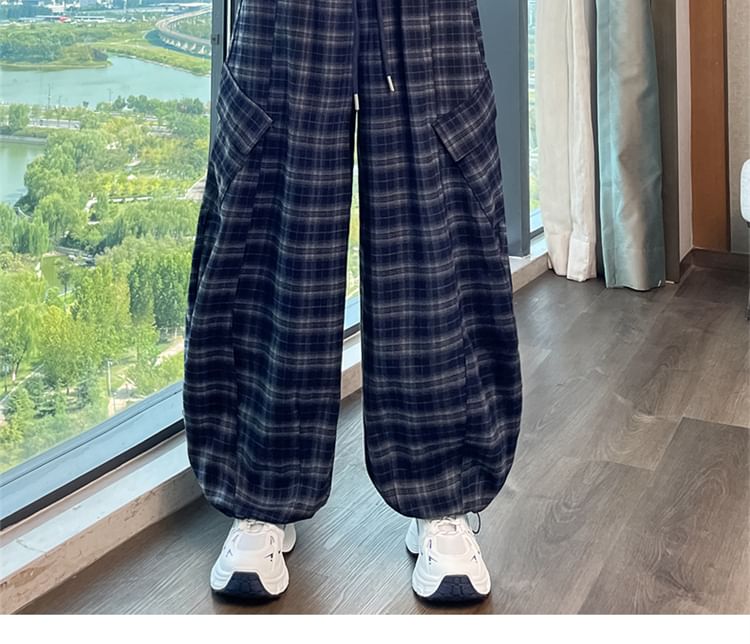 High Waist Plaid Baggy Cargo Pants