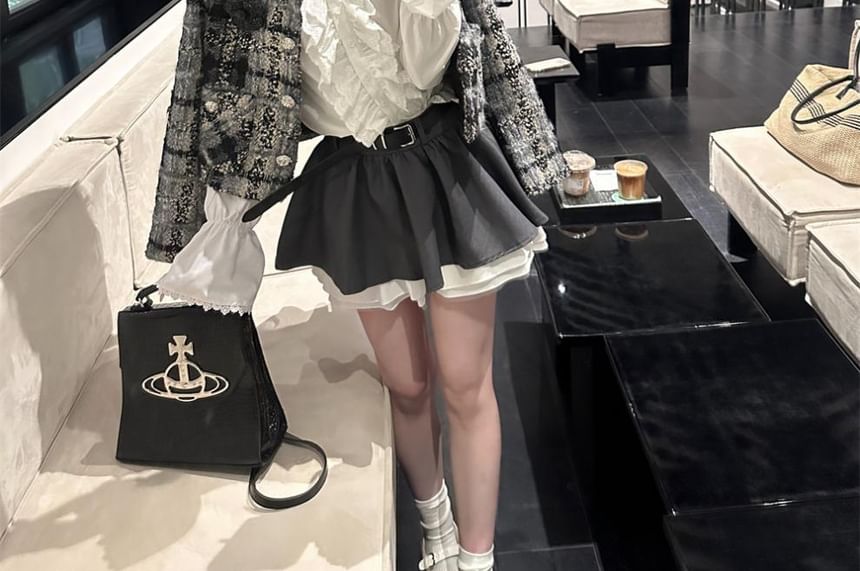 Plaid Tweed Jacket / Long-Sleeve Plain Blouse / Mini Skirt