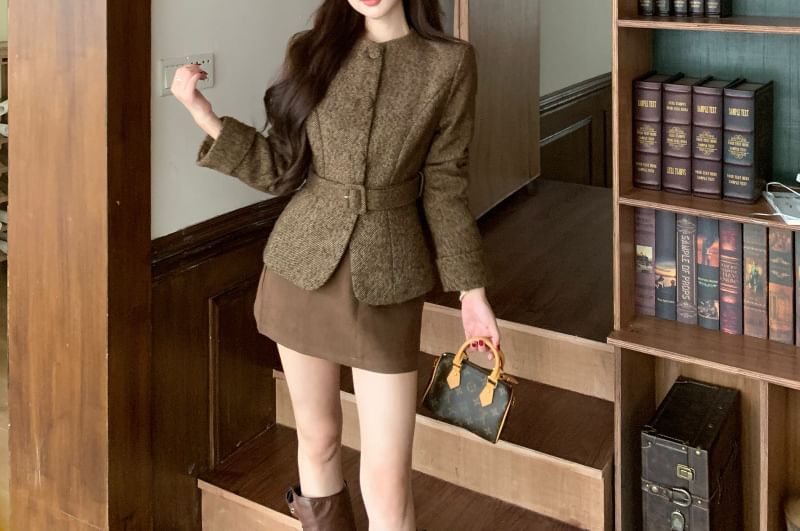Button-Up Tweed Jacket / Mini Skirt / Belt / Set