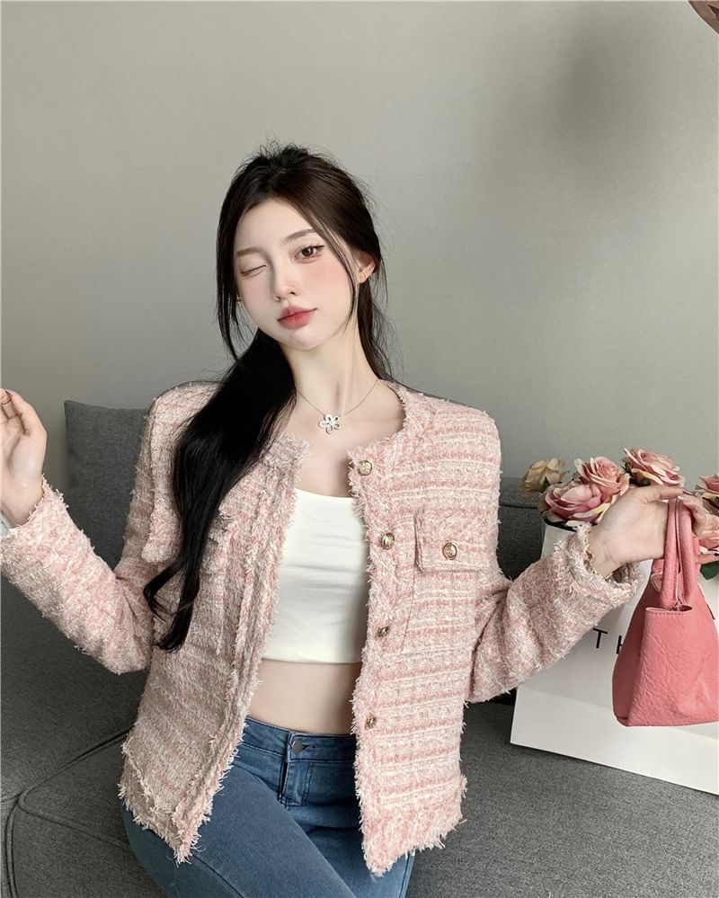 Crew Neck Button-Up Tweed Jacket