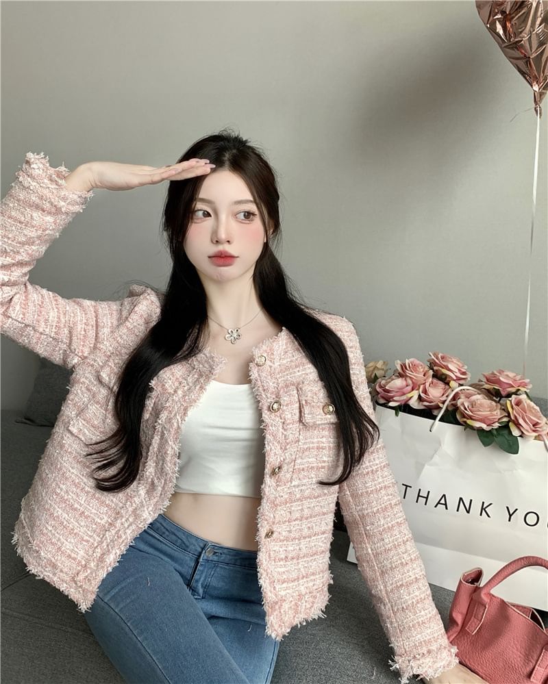 Crew Neck Button-Up Tweed Jacket