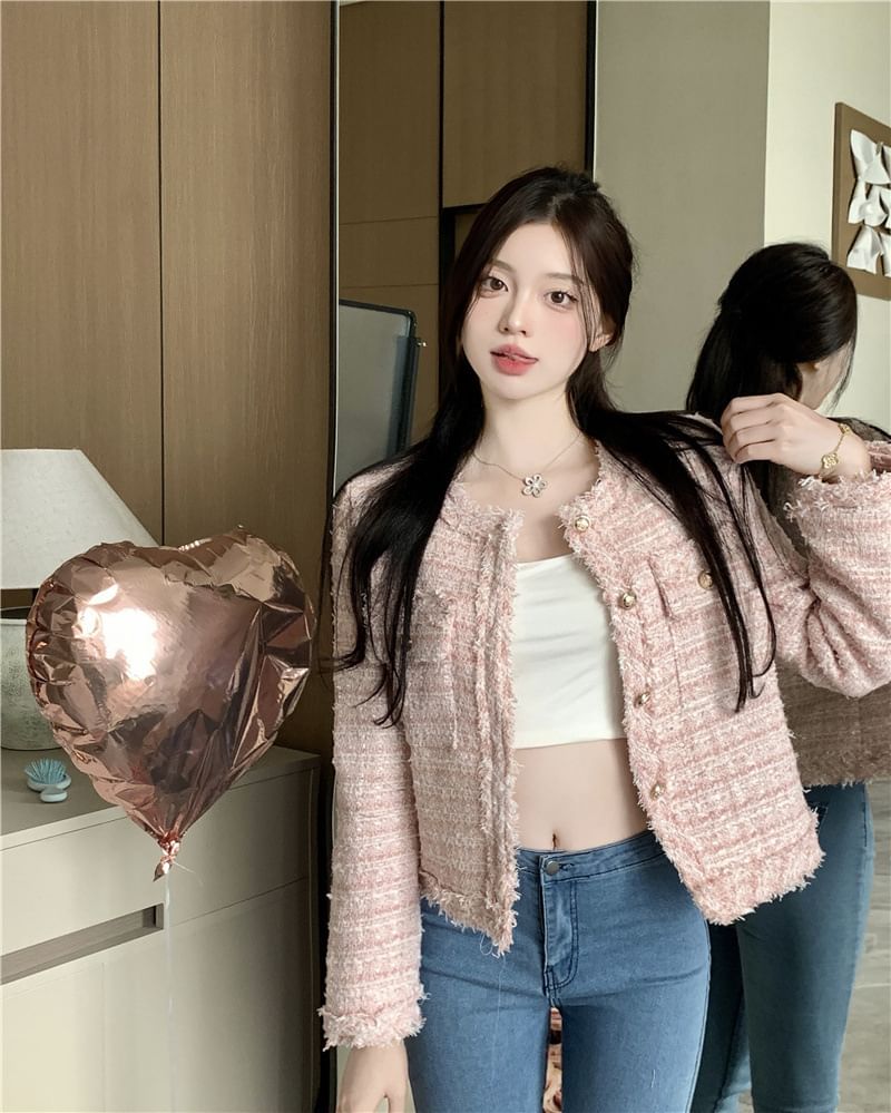 Crew Neck Button-Up Tweed Jacket