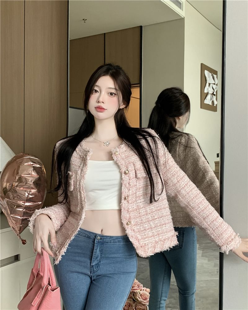 Crew Neck Button-Up Tweed Jacket