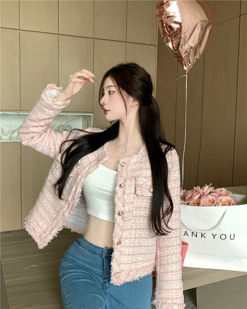 Crew Neck Button-Up Tweed Jacket