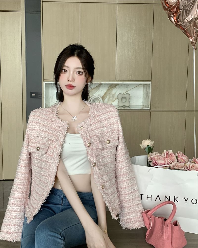 Crew Neck Button-Up Tweed Jacket