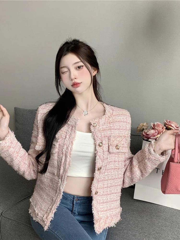 Crew Neck Button-Up Tweed Jacket