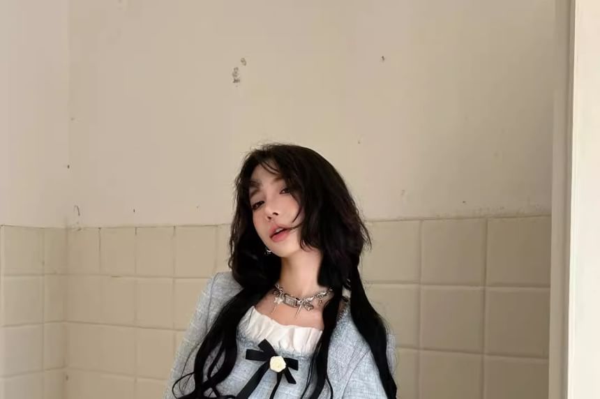 Set: Square Neck Bow Accent Button-Up Tweed Jacket + High Waist Pleated Mini A-Line Skirt