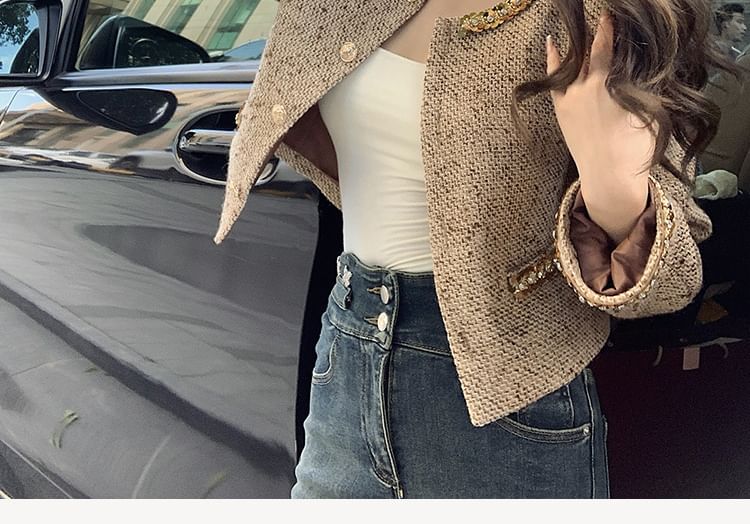 Crew Neck Sequin Trim Button-Up Tweed Crop Jacket / High Rise Mini A-Line Skirt