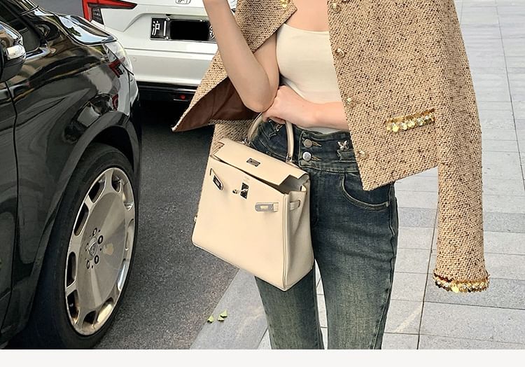 Crew Neck Sequin Trim Button-Up Tweed Crop Jacket / High Rise Mini A-Line Skirt