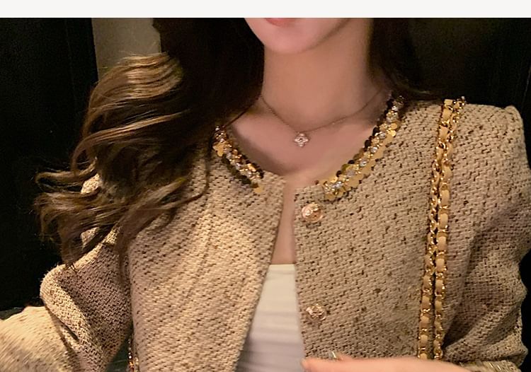 Crew Neck Sequin Trim Button-Up Tweed Crop Jacket / High Rise Mini A-Line Skirt