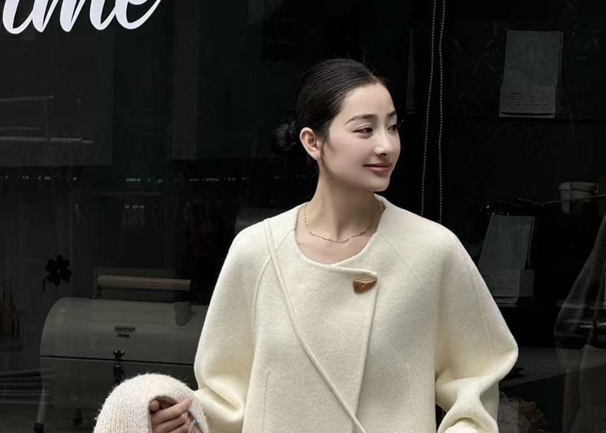 Round Neck Plain Single-Button Wool Jacket