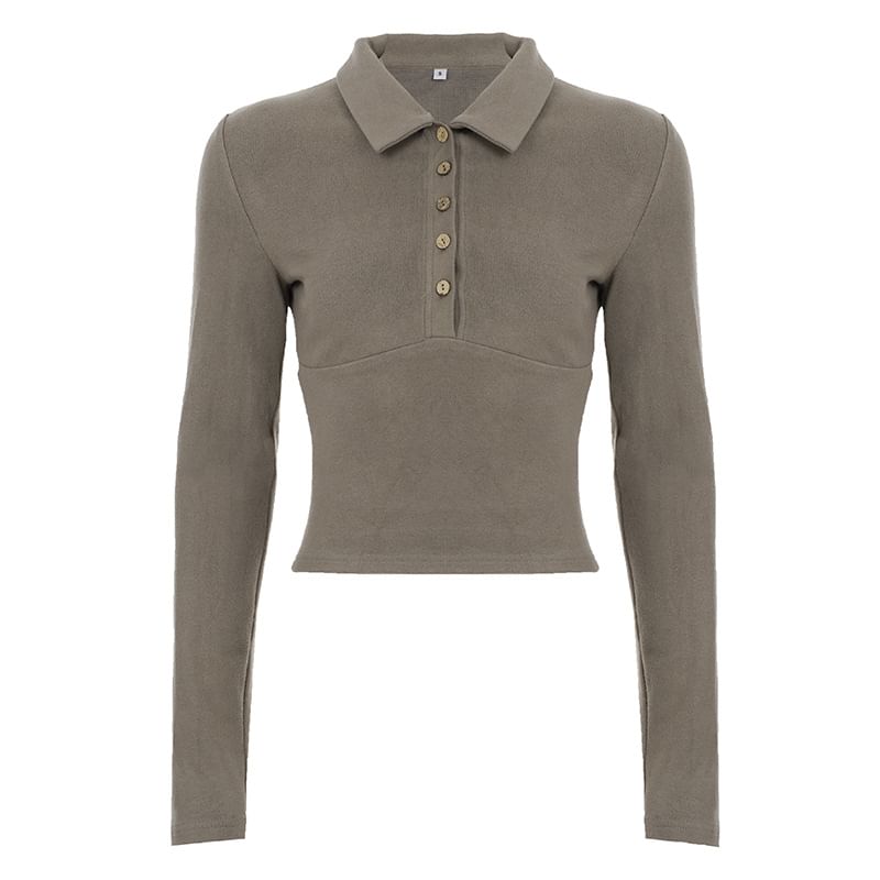 Collared V-Neck Slim-Fit Crop Top Long Sleeve