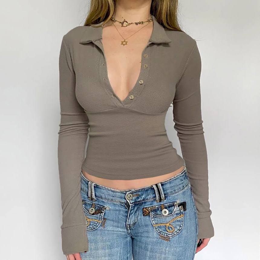 Collared V-Neck Slim-Fit Crop Top Long Sleeve