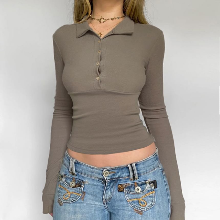 Collared V-Neck Slim-Fit Crop Top Long Sleeve